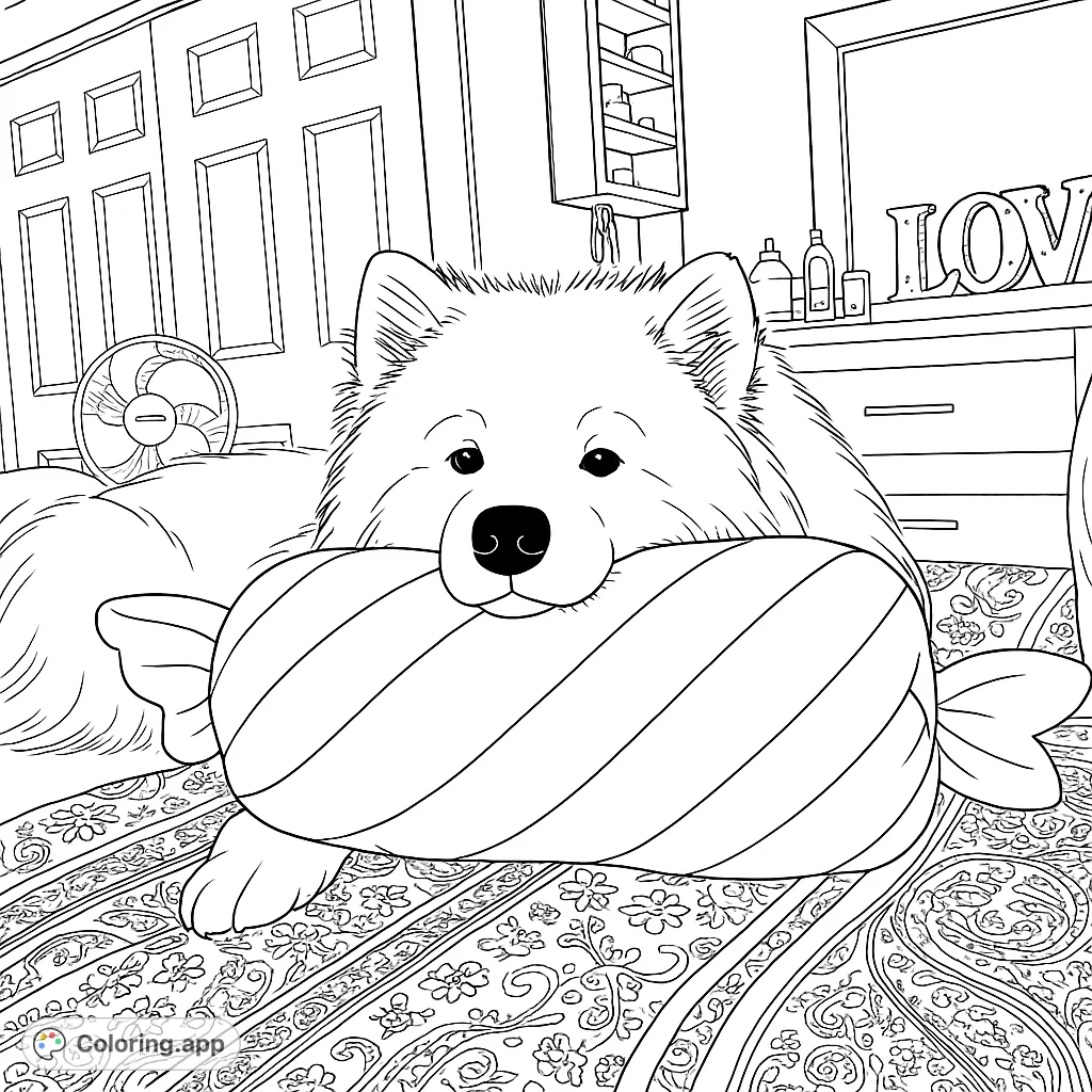 An adorable fluffy dog rests its head on a striped candy pillow, surrounded by cozy bedroom details. A charming pet coloring page for all ages!