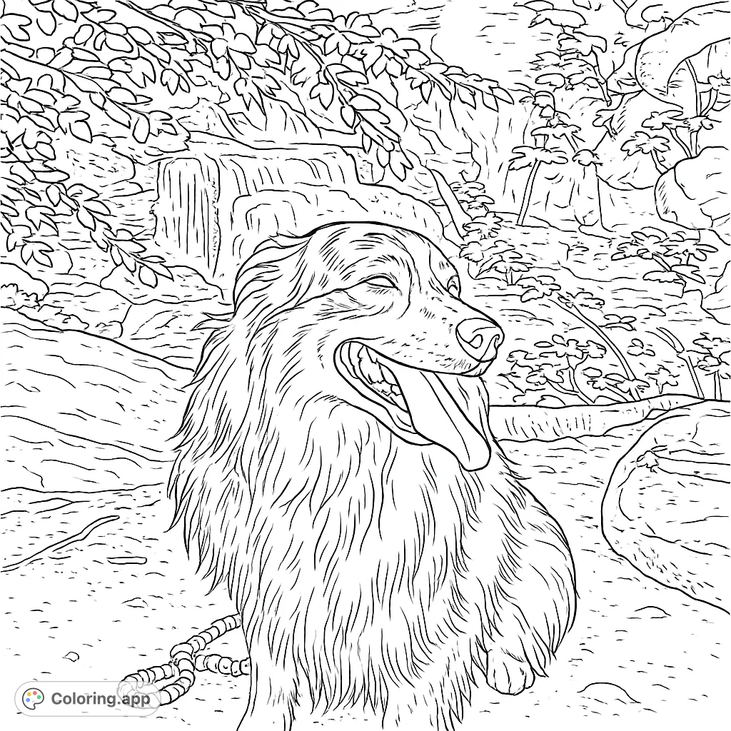 A joyful dog rests by a beautiful cascading waterfall, surrounded by lush nature. A perfect scene for animal lovers and nature enthusiasts to color.
