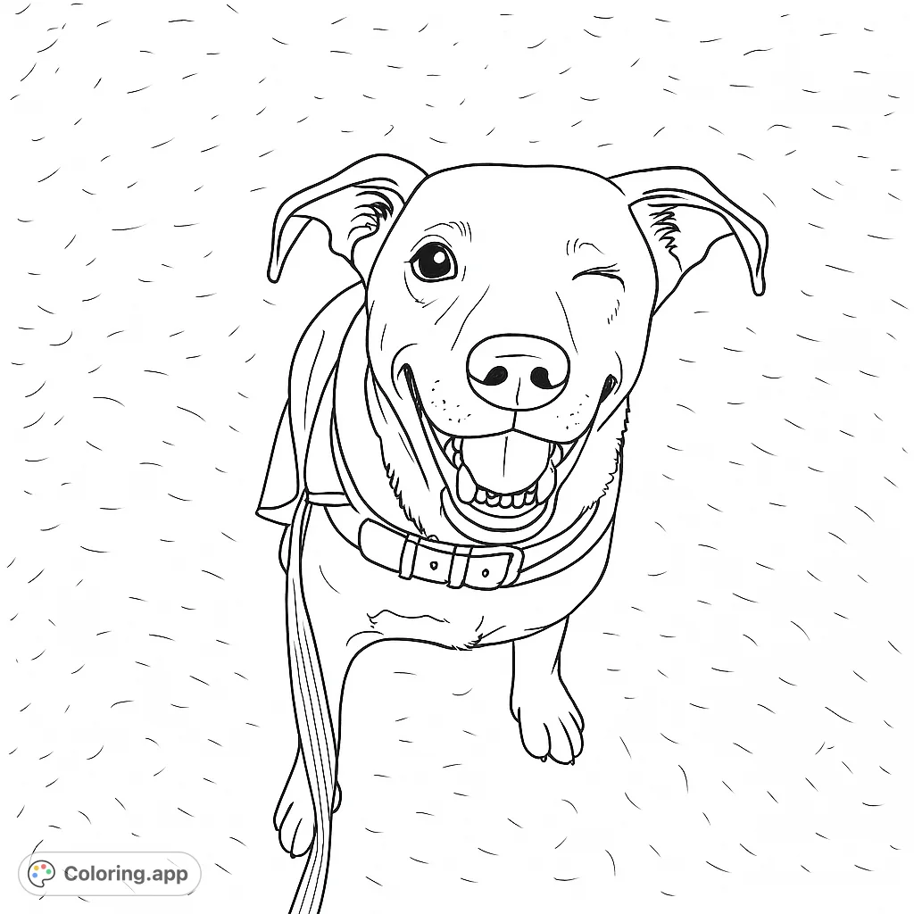 A cheerful dog winks playfully, wearing a vest and harness, ready for adventure. A delightful dog coloring page for all ages.