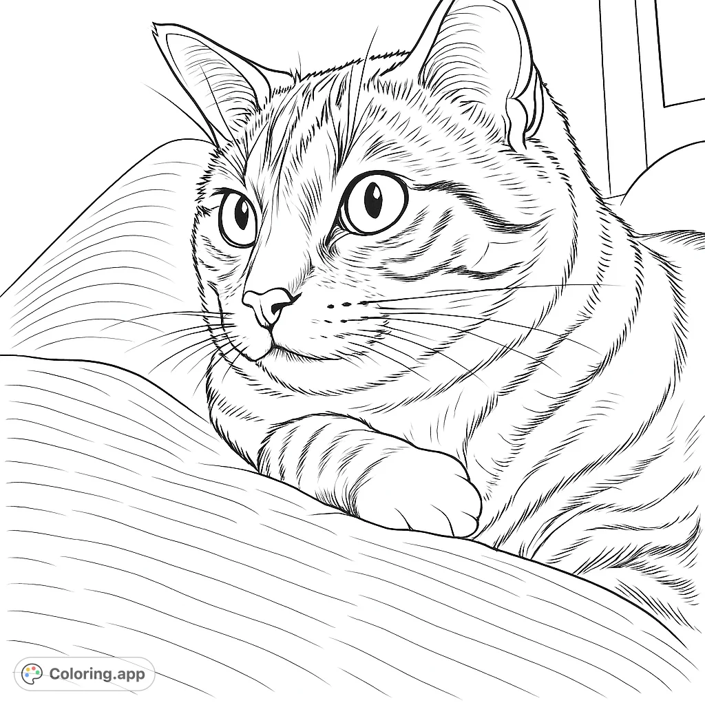 A charming tabby cat resting peacefully on a soft blanket, featuring detailed fur patterns and expressive eyes. Perfect for cat lovers.