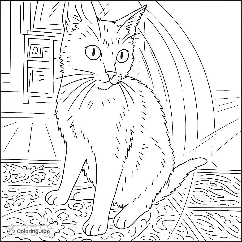A majestic cat sits bathed in a radiant glow, its form outlined by a luminous halo. A captivating scene for animal lovers to color.