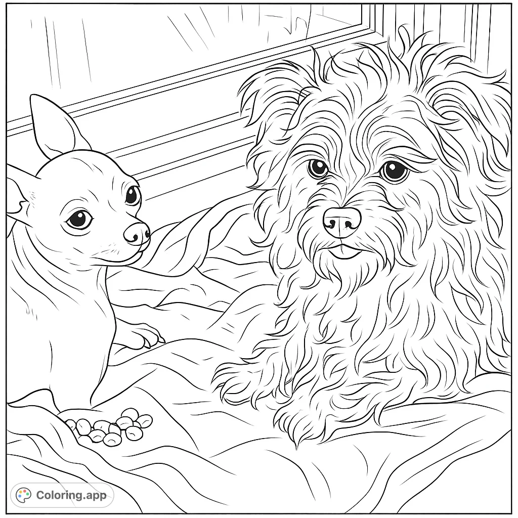 Adorable duo of dogs relaxing by a sunlit window, perfect for a cozy coloring session. A charming dogs coloring page for animal lovers.