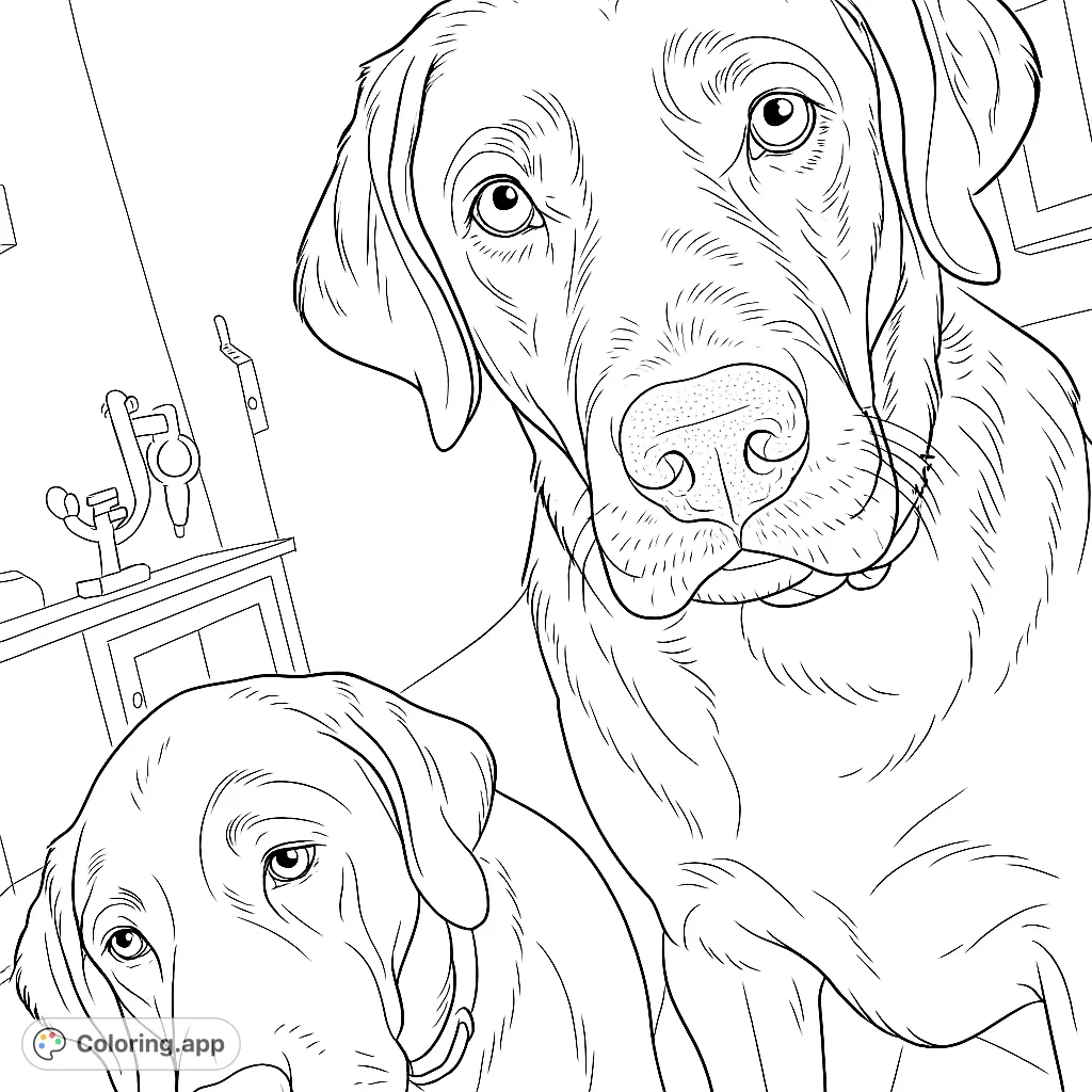Two friendly dogs gaze curiously, inviting you to bring their expressive faces to life with your favorite colors. A heartwarming dog coloring page.