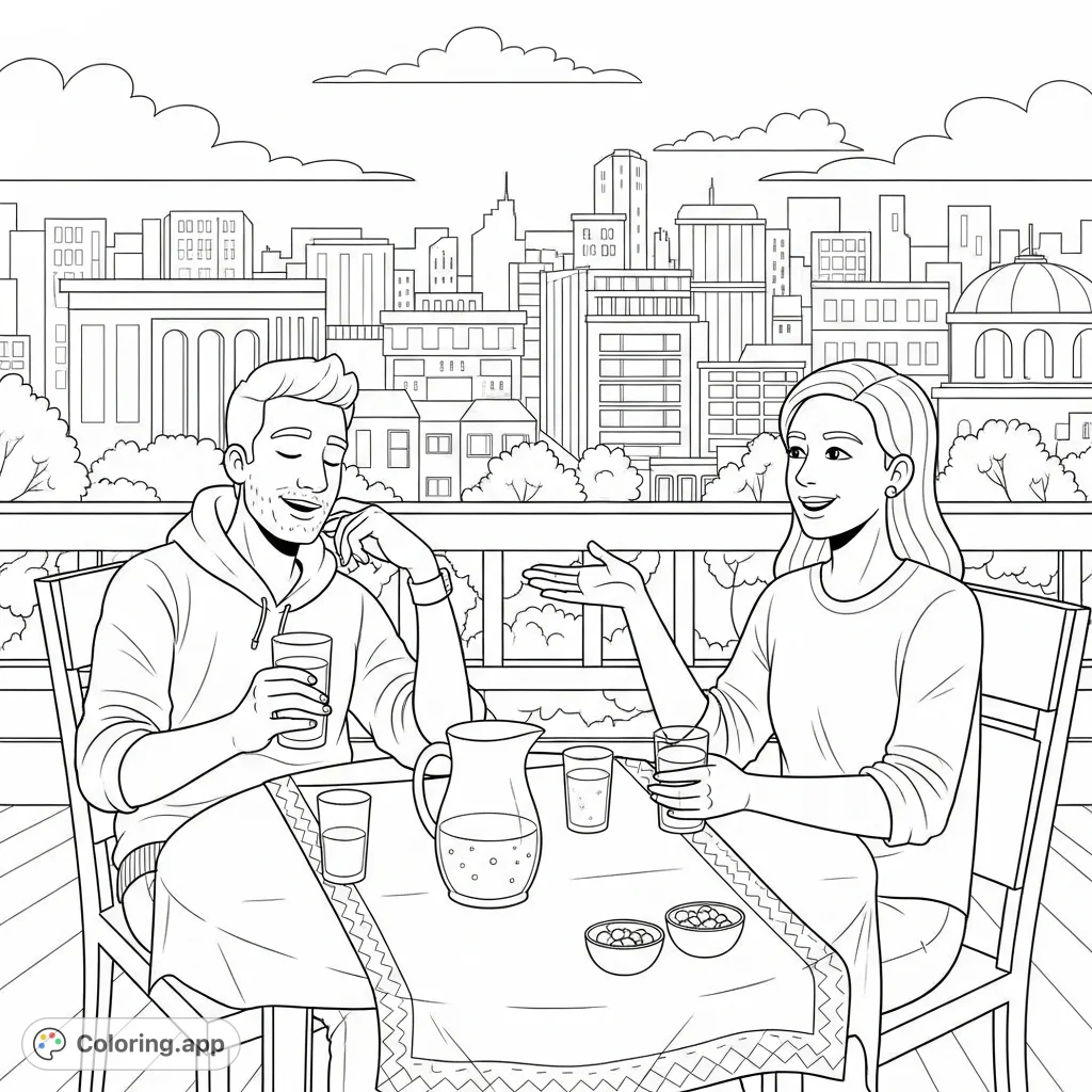 Enjoy a relaxing day out with this adult best friends coloring page. Features two companions enjoying refreshing beverages in a scenic outdoor setting.