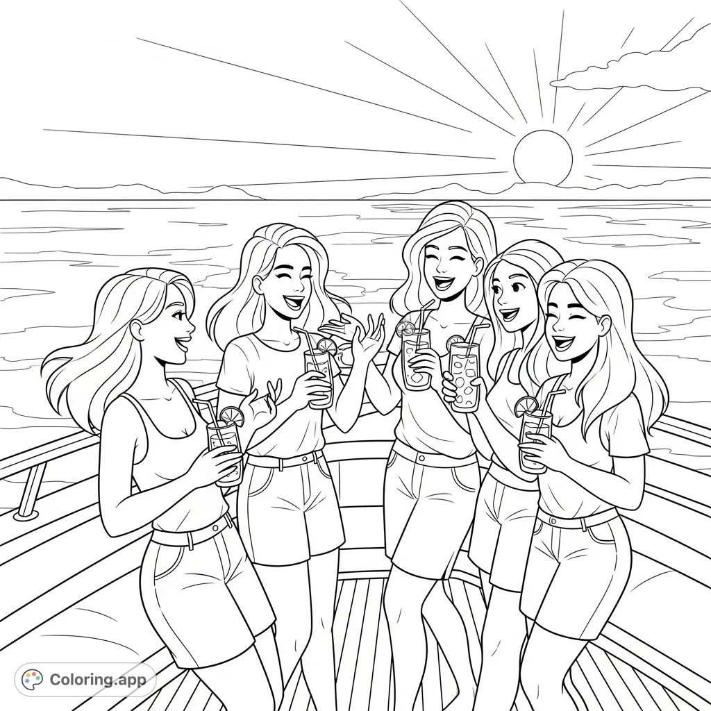 Capture a joyous moment with four friends laughing and enjoying refreshing drinks on a boat under a bright sun. Perfect for relaxation and creative expression!