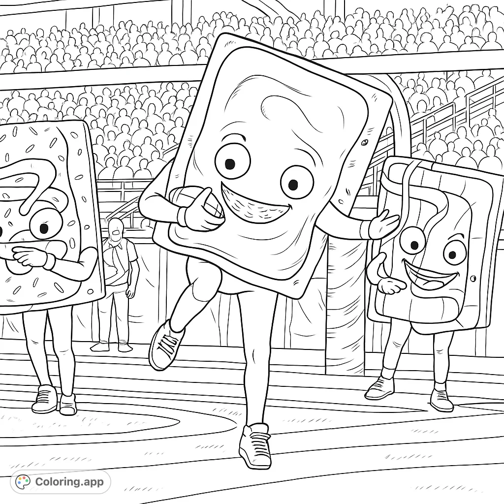 Three cheerful toaster pastry mascots entertain a stadium crowd on a sports field. A fun, detailed coloring page for sports and food fans.