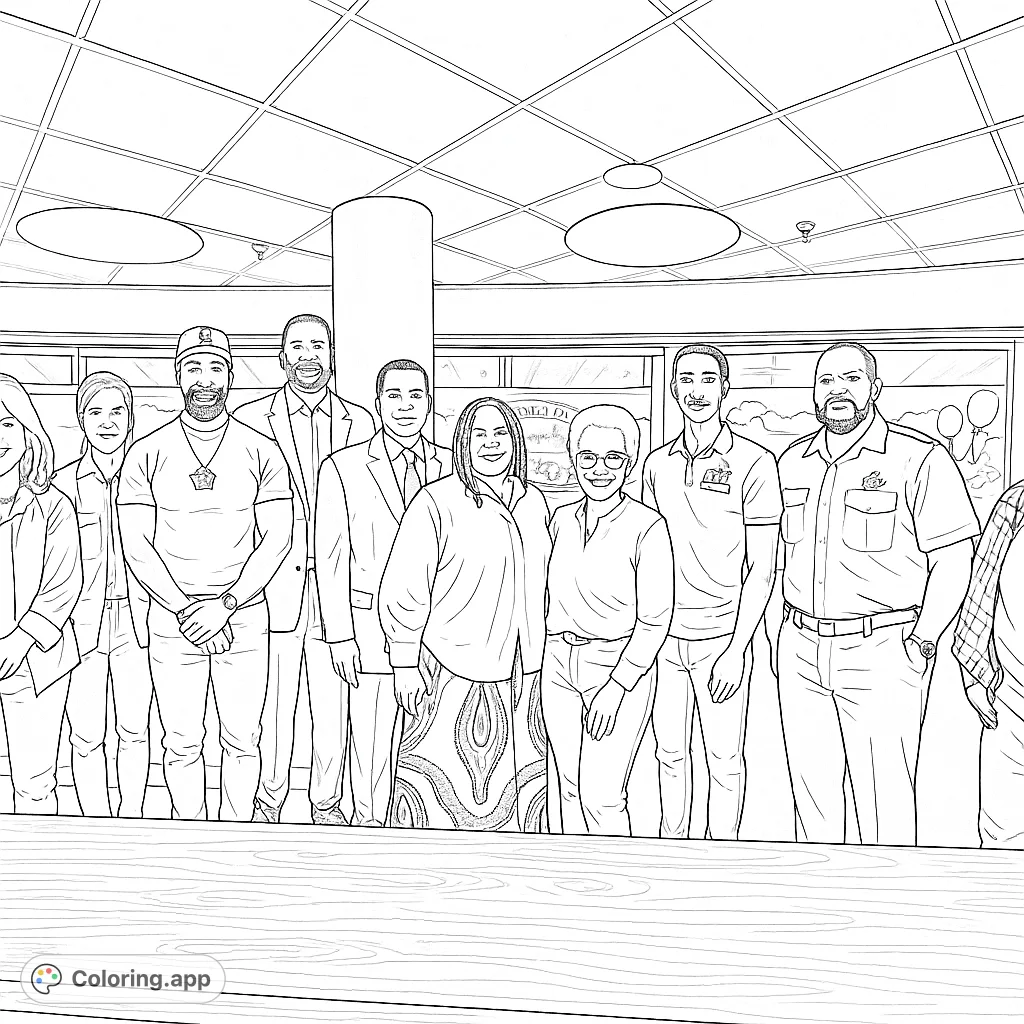 A diverse group of ten individuals, including uniformed professionals and community members, gathered indoors. A detailed community group coloring page.