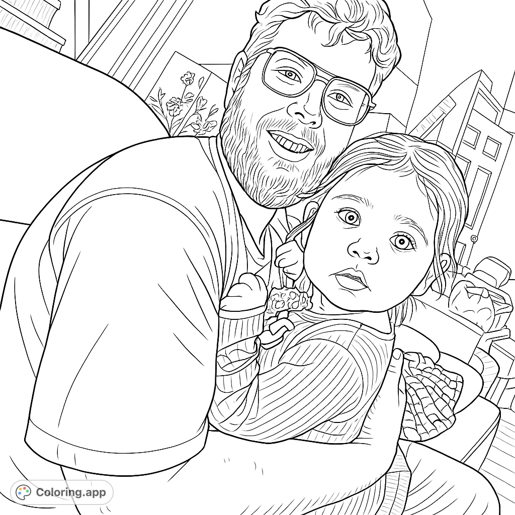 A heartwarming father and child embrace on a cozy sofa. This free printable coloring page captures a tender family moment, perfect for all ages.