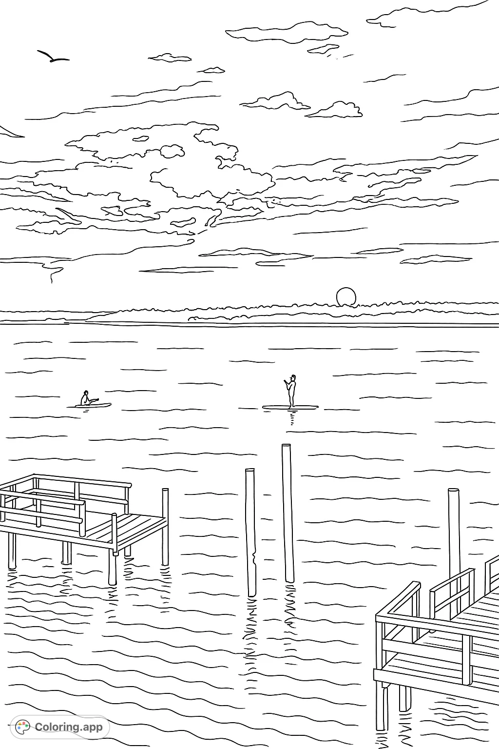 A tranquil water scene at sunset with paddleboarders and docks, perfect for a relaxing coloring experience. Capture the serene beauty of the evening.