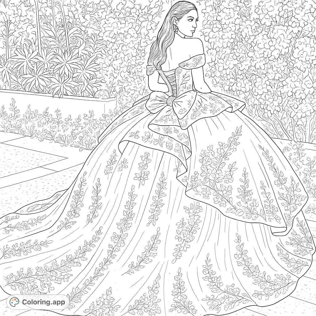 Step into a world of fashion with this elegant ball gown coloring page. Featuring intricate floral embroidery and a grand silhouette, perfect for creative expression.