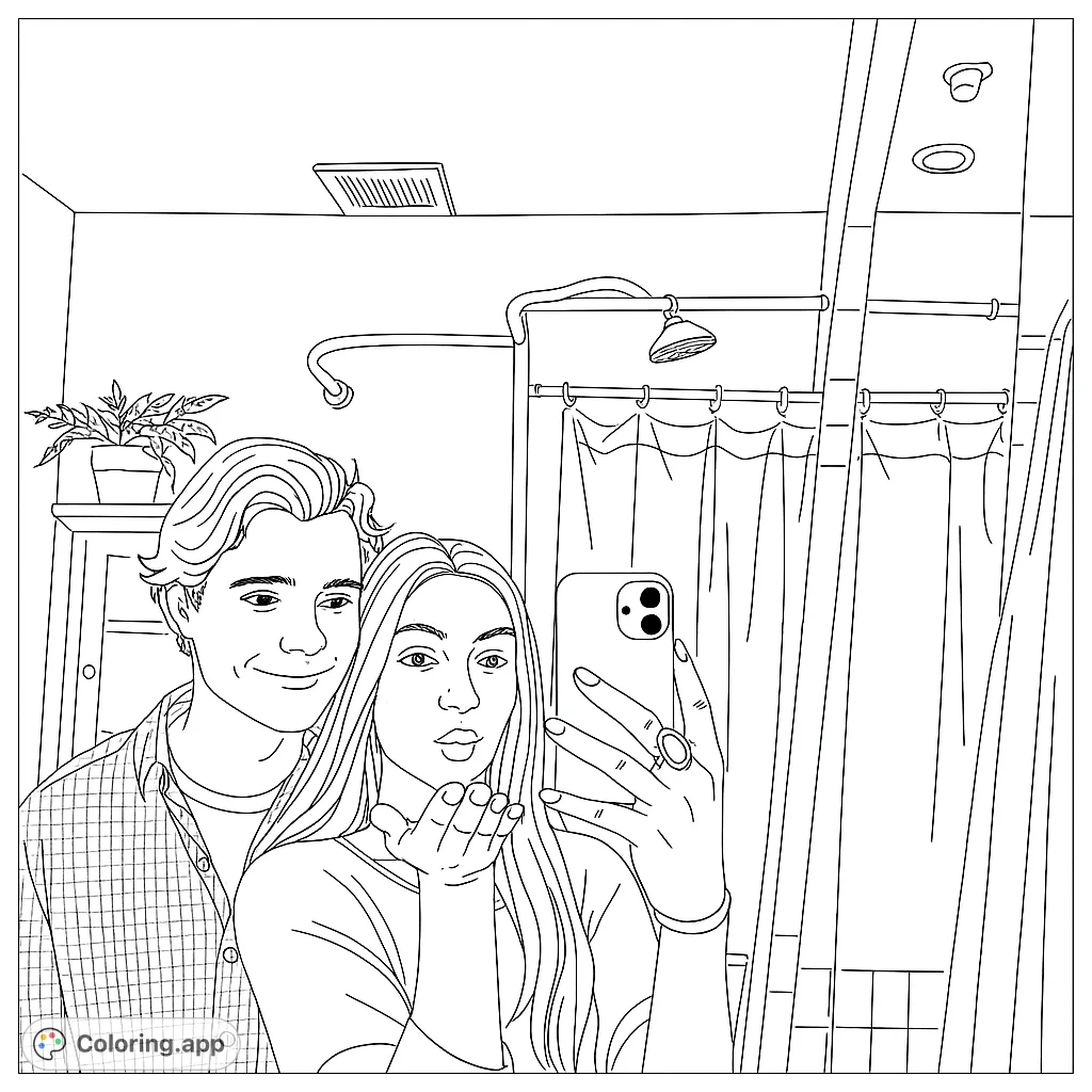 Capture a modern moment with this couple selfie coloring page. Features a young man and woman in a mirror, with detailed clothing and accessories.