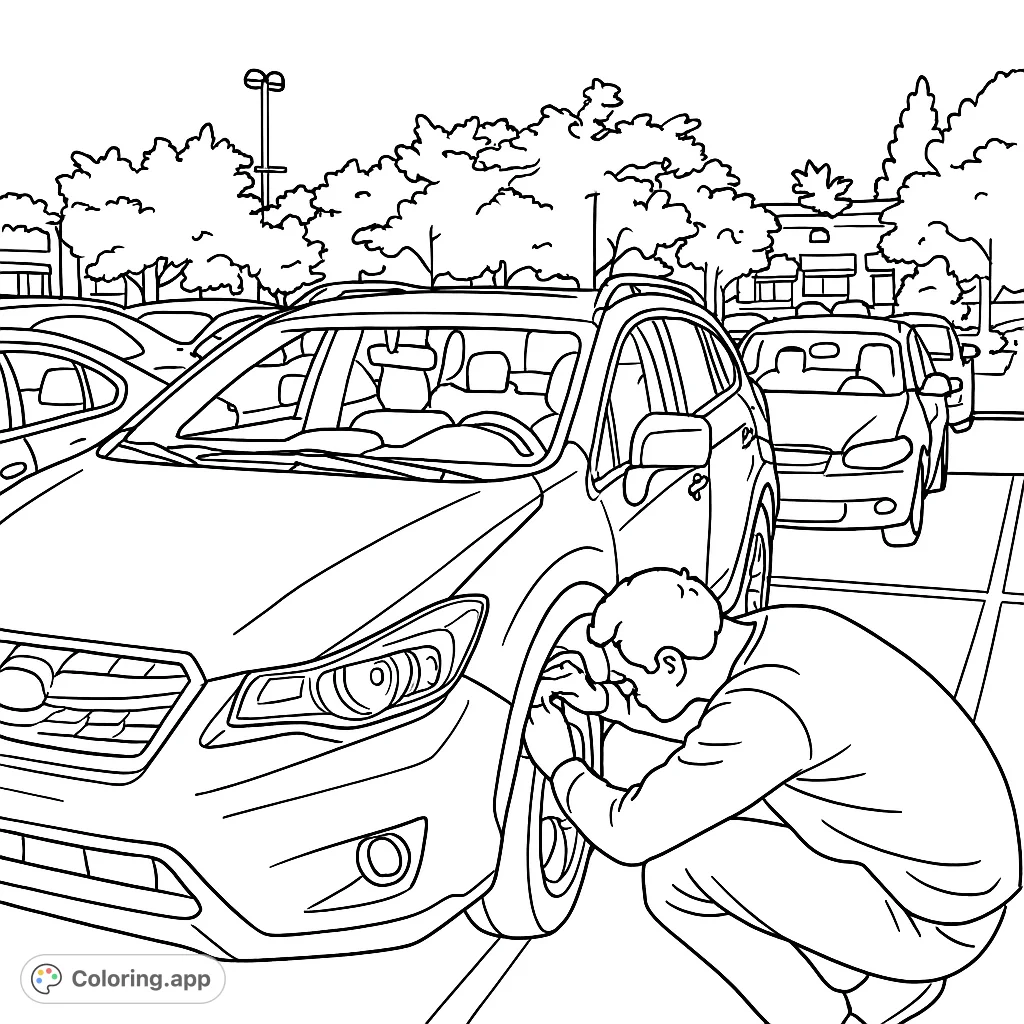A poignant scene of a person crouching beside a car in a parking lot at night, offering a moment of quiet reflection for colorists.
