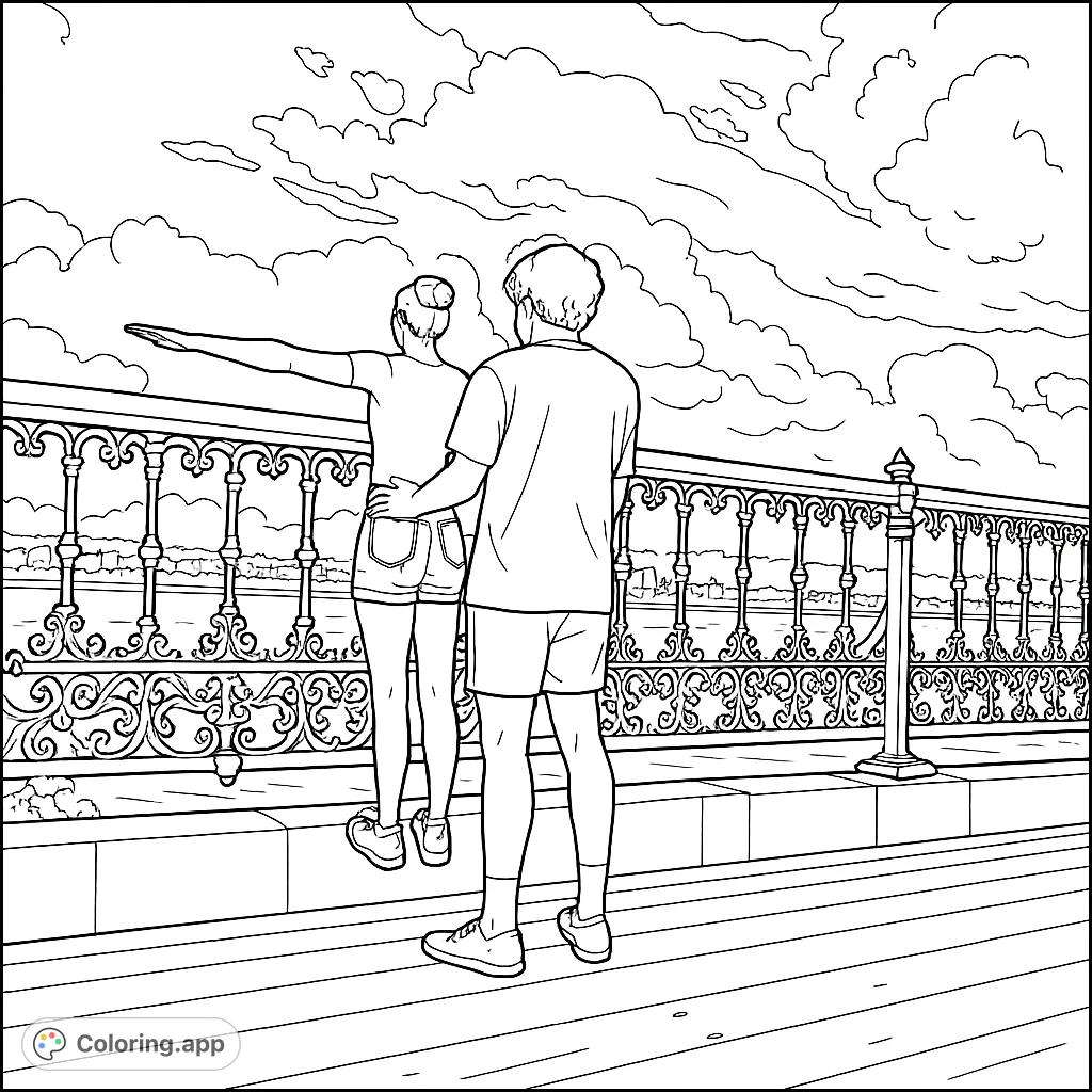 A couple stands on a scenic overlook, one with arms outstretched, gazing at a distant cityscape across a wide body of water. Features an ornate railing and cloudy sky.