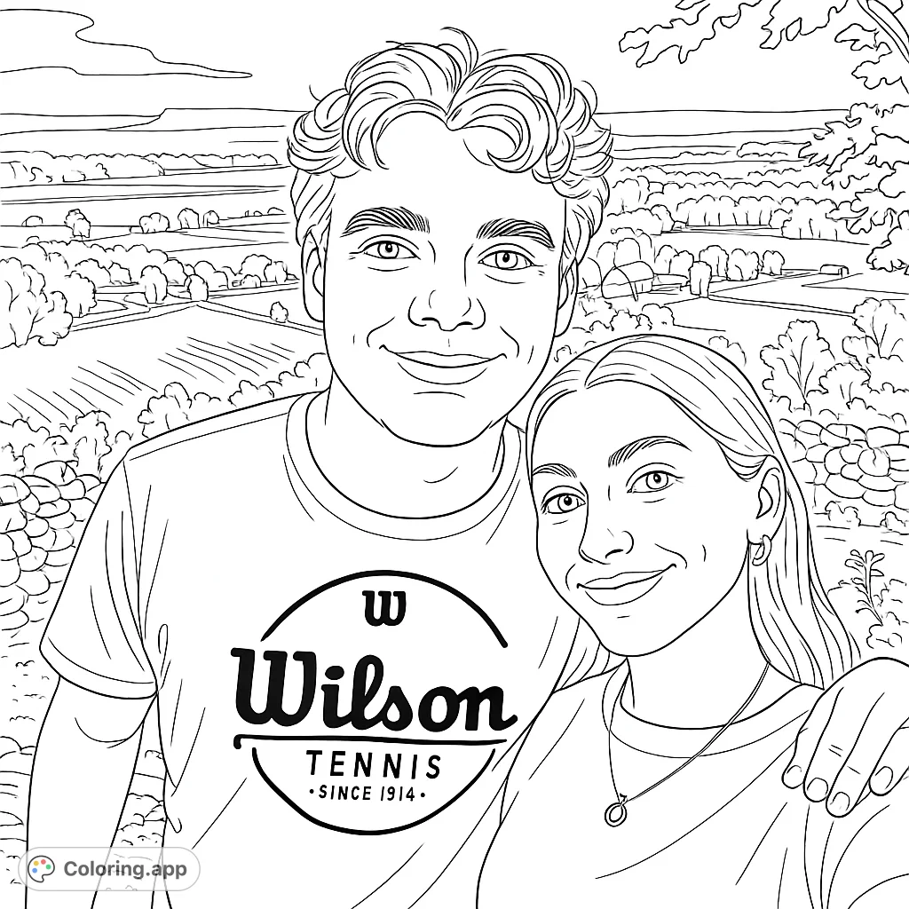 A cheerful couple smiles against a breathtaking landscape of rolling fields and distant hills. A perfect scene for personalizing with your favorite colors.
