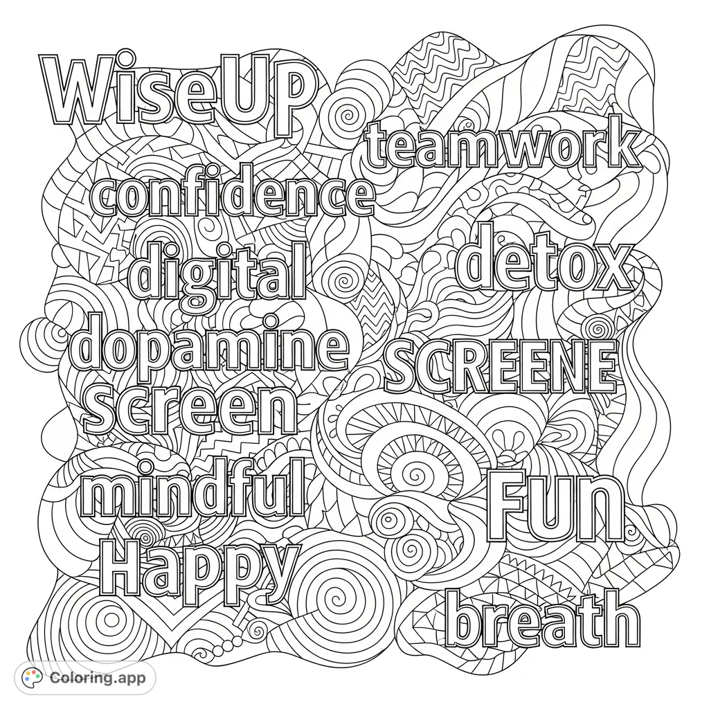 Explore a unique coloring page featuring intertwined words like "WiseUp," "mindful," and "detox" against a complex abstract background of flowing lines and geometric shapes.