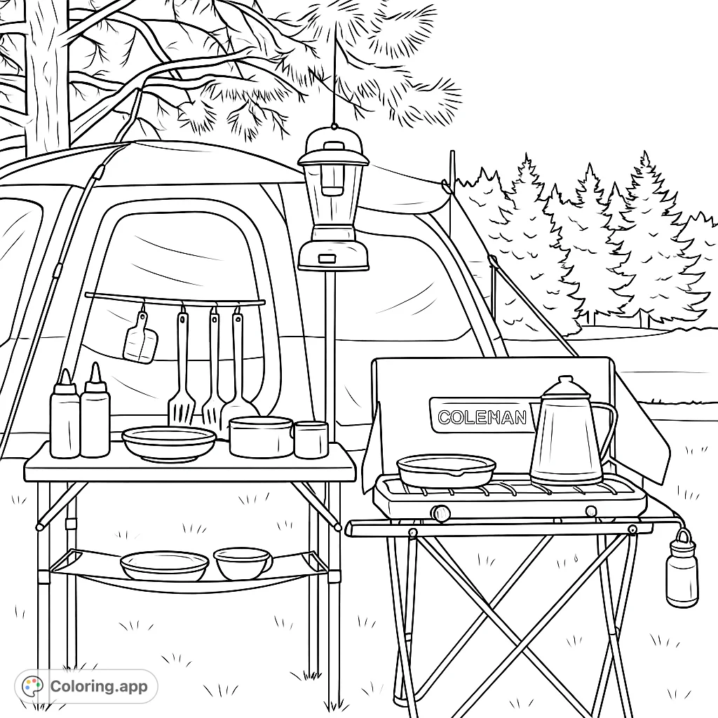 Detailed camping kitchen scene with a tent, stove, and table full of gear. Perfect for outdoor enthusiasts to color and relax.