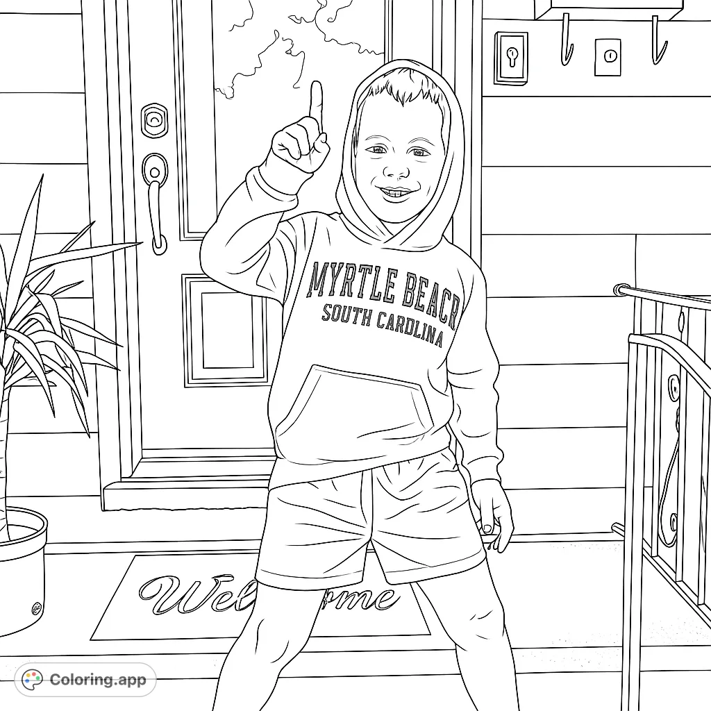 A cheerful boy in a hoodie and shorts poses playfully in front of a house door. A fun and engaging coloring page for kids to personalize.