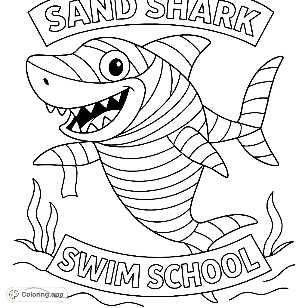 A playful mummy shark wrapped in bandages, ready for swim school with a cheerful grin, surrounded by underwater plants and text banners.