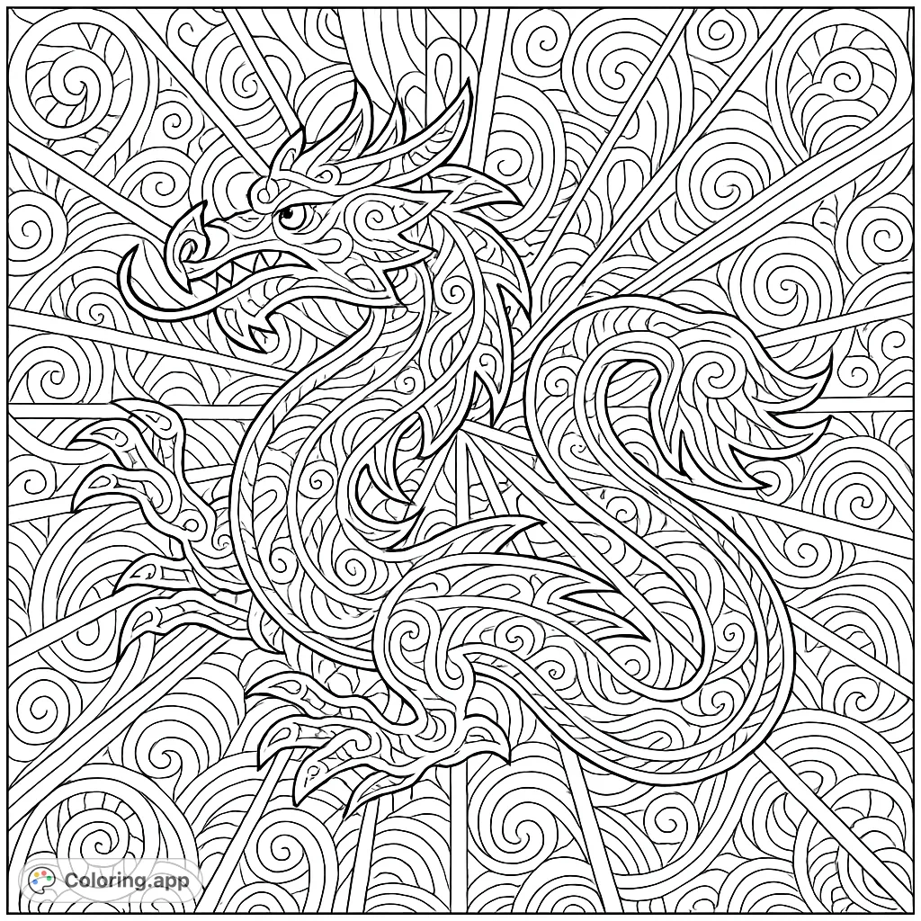 Unleash your creativity with this majestic dragon coloring page. Featuring intricate abstract shapes, detailed patterns, and radiating lines, it's perfect for a challenging artistic escape.