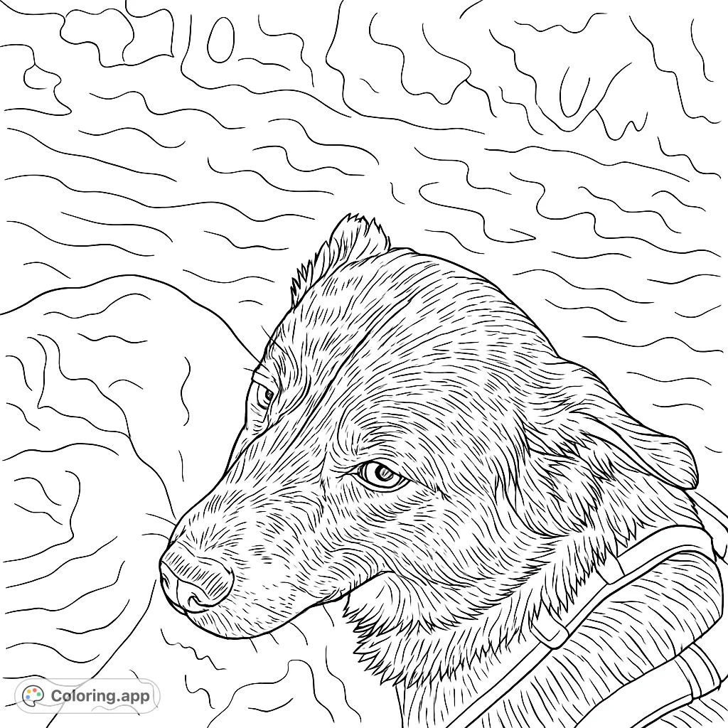 A charming close-up of a curious dog, featuring detailed fur and a harness, set against a soft natural background. Perfect for dog lovers.