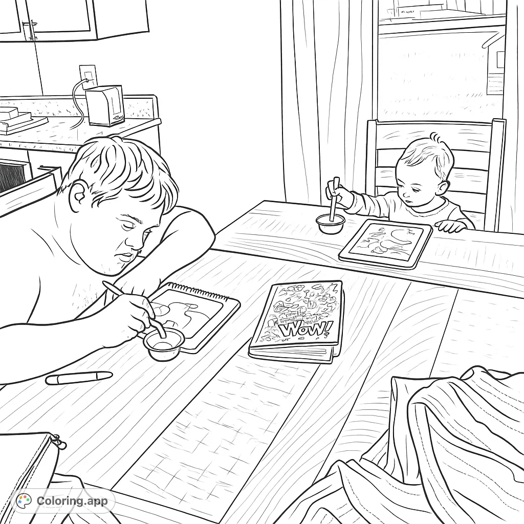 Capture a heartwarming scene of an adult and a child enjoying a creative coloring activity together at a wooden table, fostering connection and imagination.