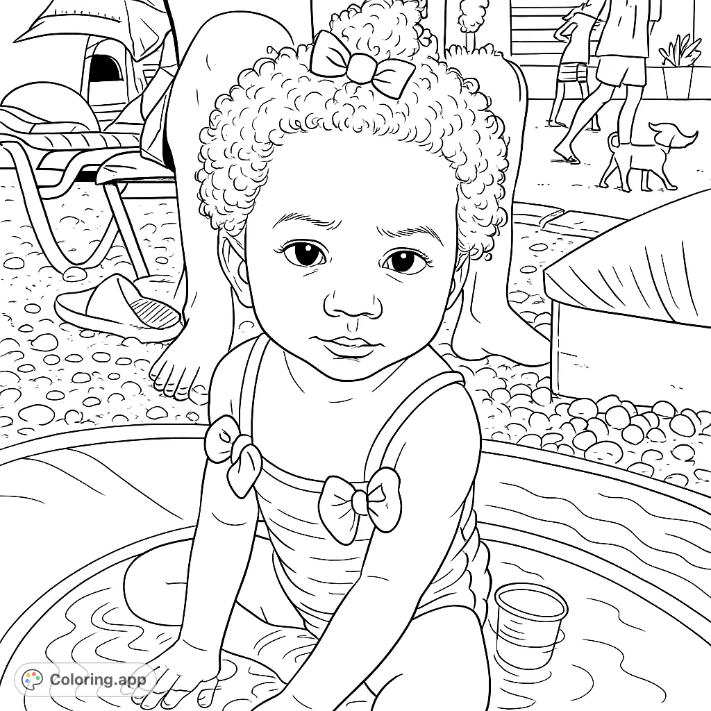 A delightful coloring page featuring a cheerful child playing in a small pool, surrounded by gentle water ripples and a textured ground. Perfect for summer fun!
