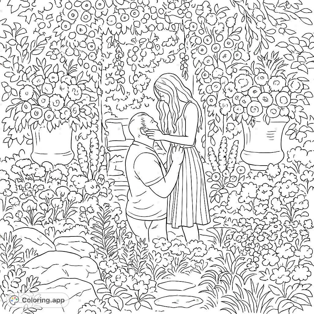 A beautiful romantic garden scene featuring a couple embracing amidst abundant flowers and lush foliage. Perfect for a serene coloring experience.