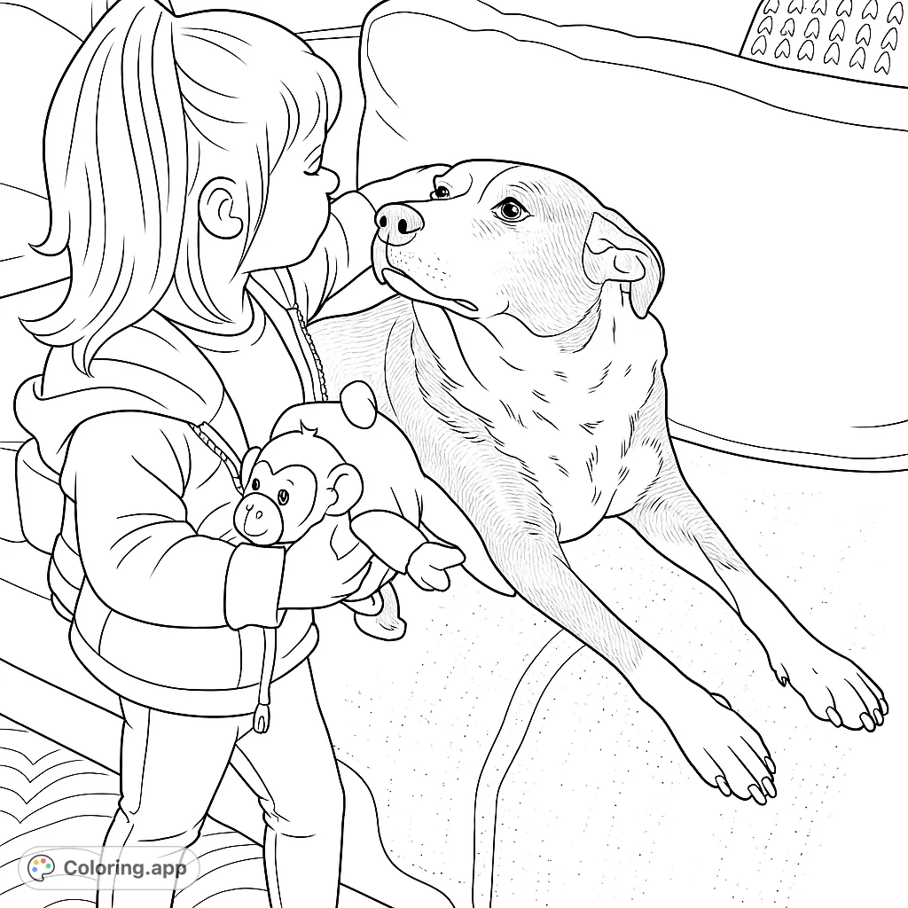 A heartwarming coloring page featuring a child gently interacting with a loyal dog on a cozy couch, holding two stuffed animals.