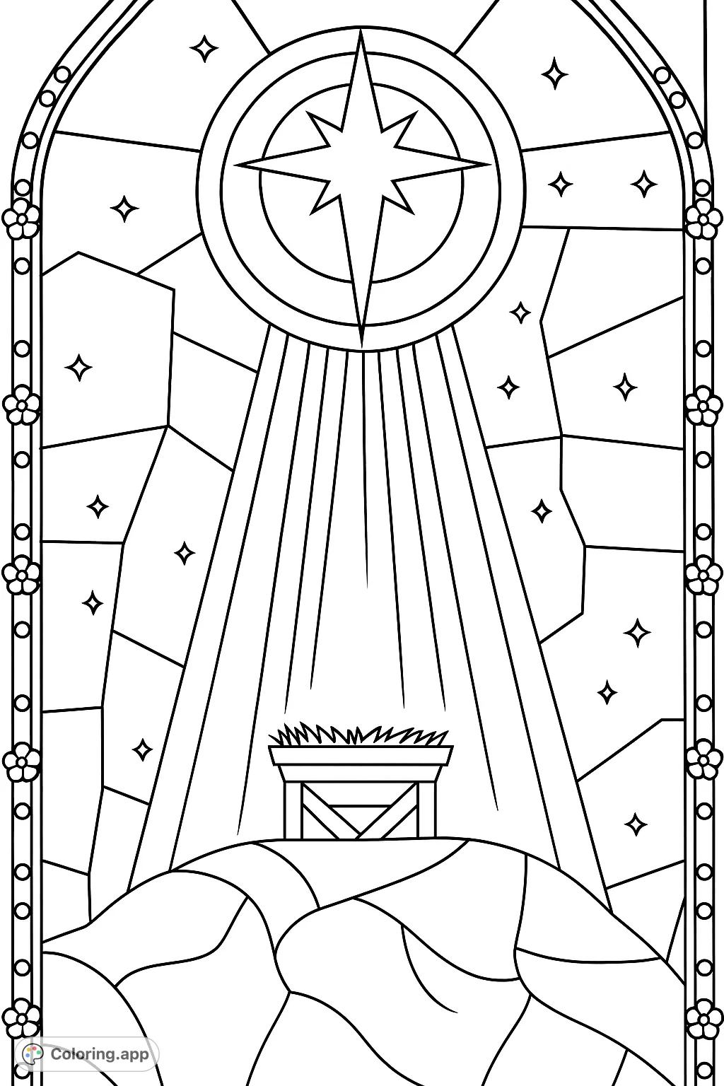 A majestic stained glass window featuring a radiant star symbol, a powerful light beam, and an ancient altar on rocky ground. Perfect for mindful coloring.
