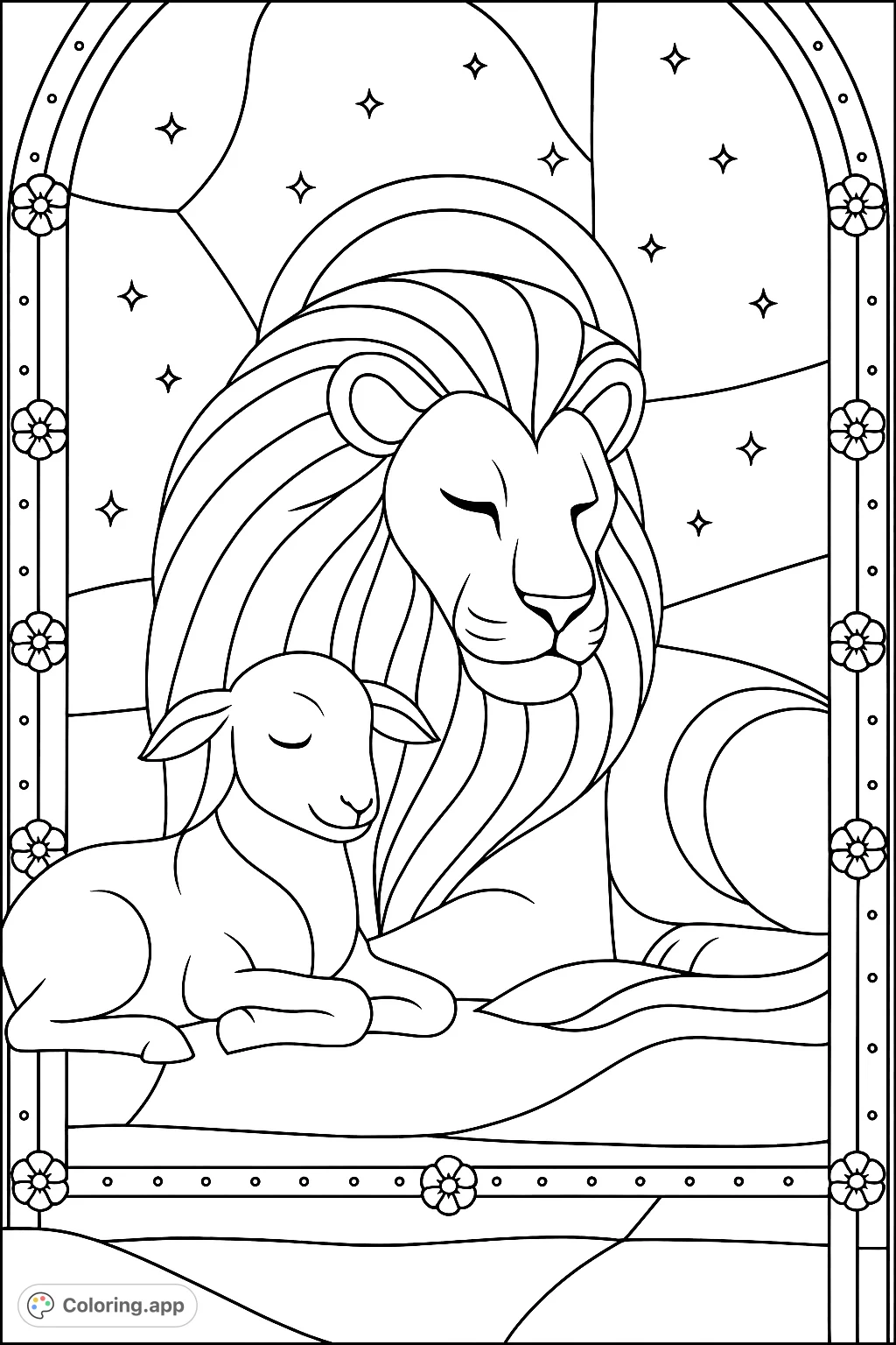 A serene lion and lamb rest together in a beautiful stained-glass design. This symbolic coloring page offers peace and intricate details for all ages.