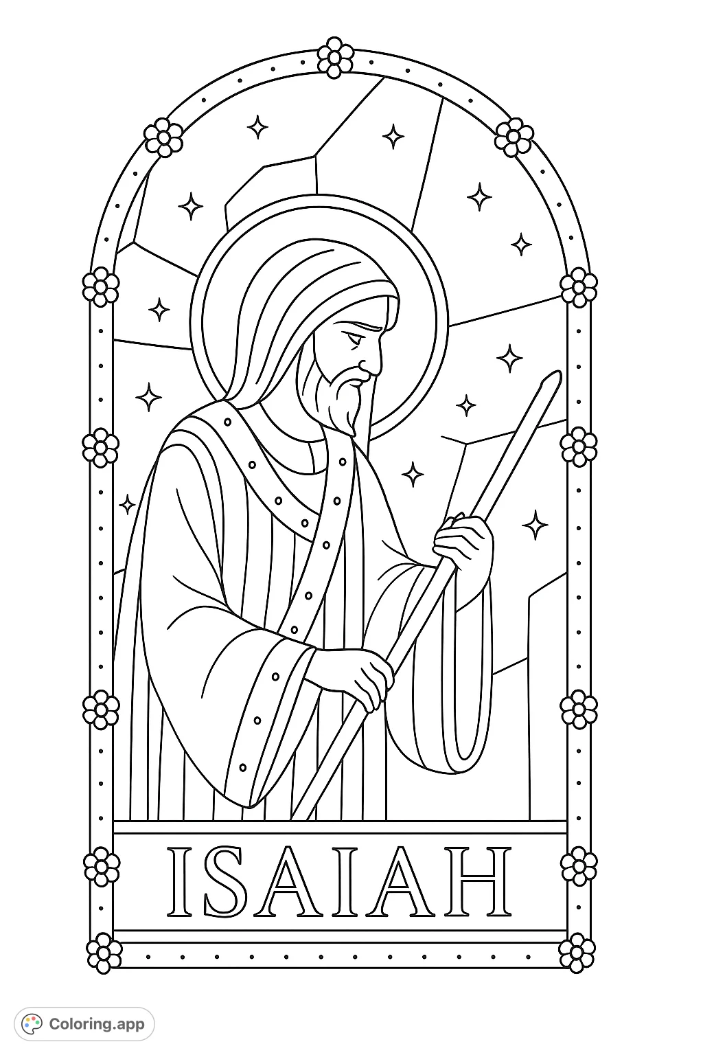 A majestic stained glass depiction of Prophet Isaiah, perfect for reflective coloring. Features intricate details, a starry background, and ornate frame.