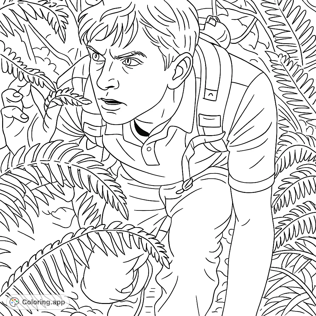 A young explorer discovers a fascinating fern in a dense forest, perfect for nature lovers to color and explore their creativity.
