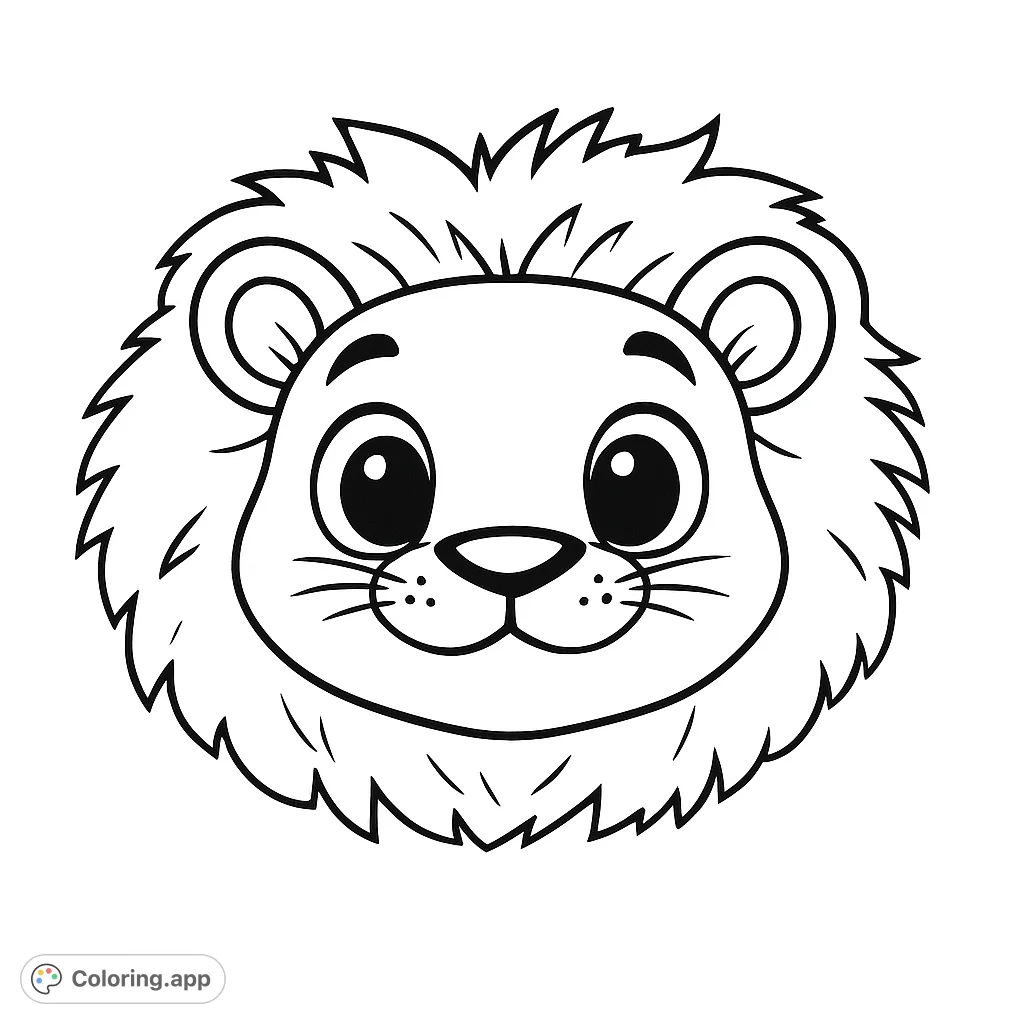 A delightful cartoon lion head with a friendly smile and a fluffy mane, perfect for a fun and easy coloring experience.