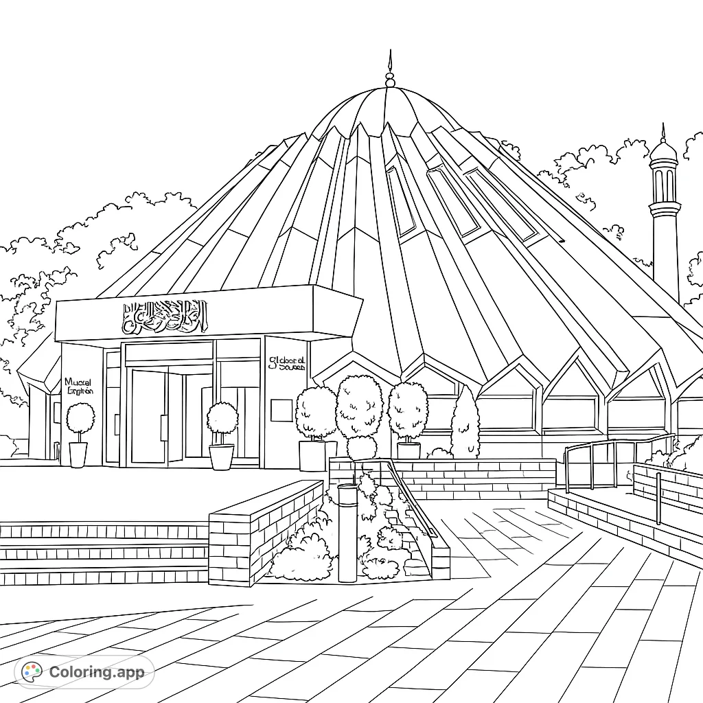 Explore a unique mosque design with a striking faceted dome and intricate details. A captivating architectural coloring page for all ages.