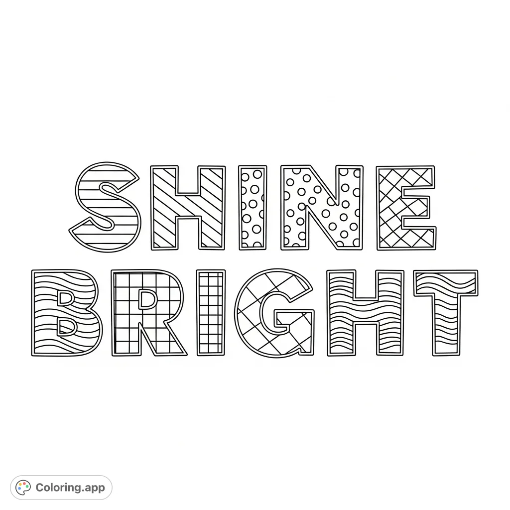 Color the inspiring phrase 'shine bright' with easy patterns inside each block letter. A fun and positive free printable coloring page for all ages.