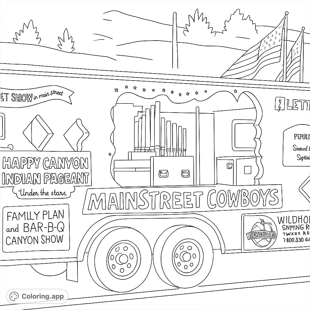 Color a unique mobile show trailer featuring a pipe organ, various signs, and a scenic background. Perfect for music and travel enthusiasts!