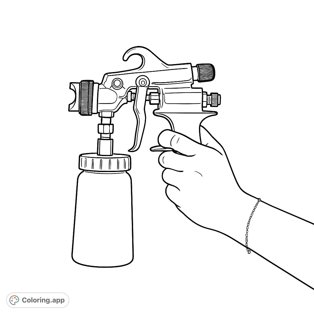 Detailed coloring page featuring a hand holding an industrial spray gun with a container, perfect for exploring mechanical forms and textures.