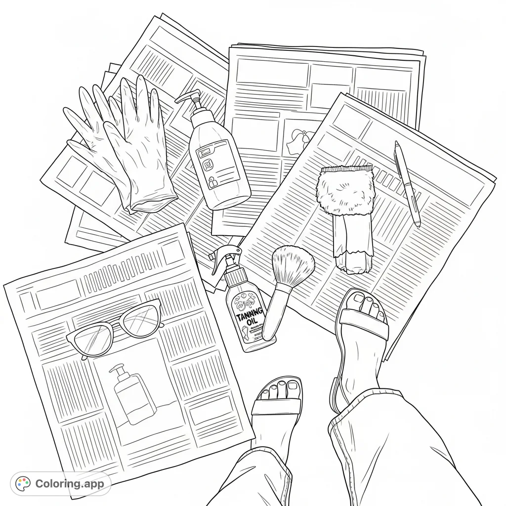 A stylish flat-lay scene featuring newspaper pages, beauty essentials like lotion and tanning oil, sunglasses, and a person in jeans and sandals. Perfect for fashion and lifestyle enthusiasts.