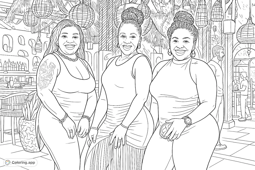 Three stylish women pose in a sophisticated setting, adorned with intricate accessories and unique dresses, offering a detailed fashion coloring experience.