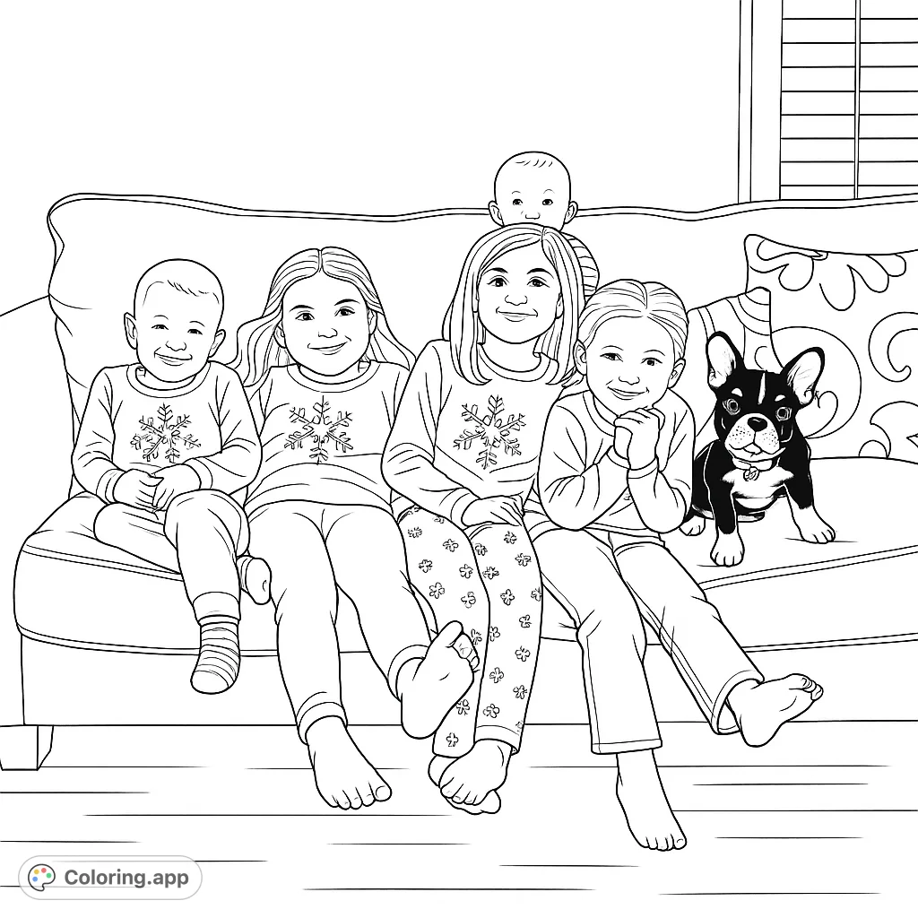 A heartwarming scene of five children and their pet dog gathered on a sofa, perfect for a festive family coloring page.