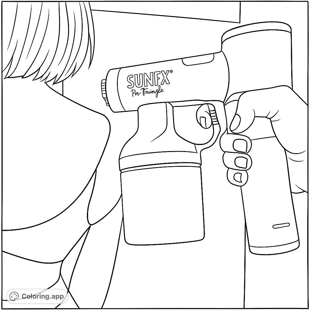 Color a modern beauty spray device held by a hand, with a person's shoulder and hair in the foreground. Perfect for beauty enthusiasts.