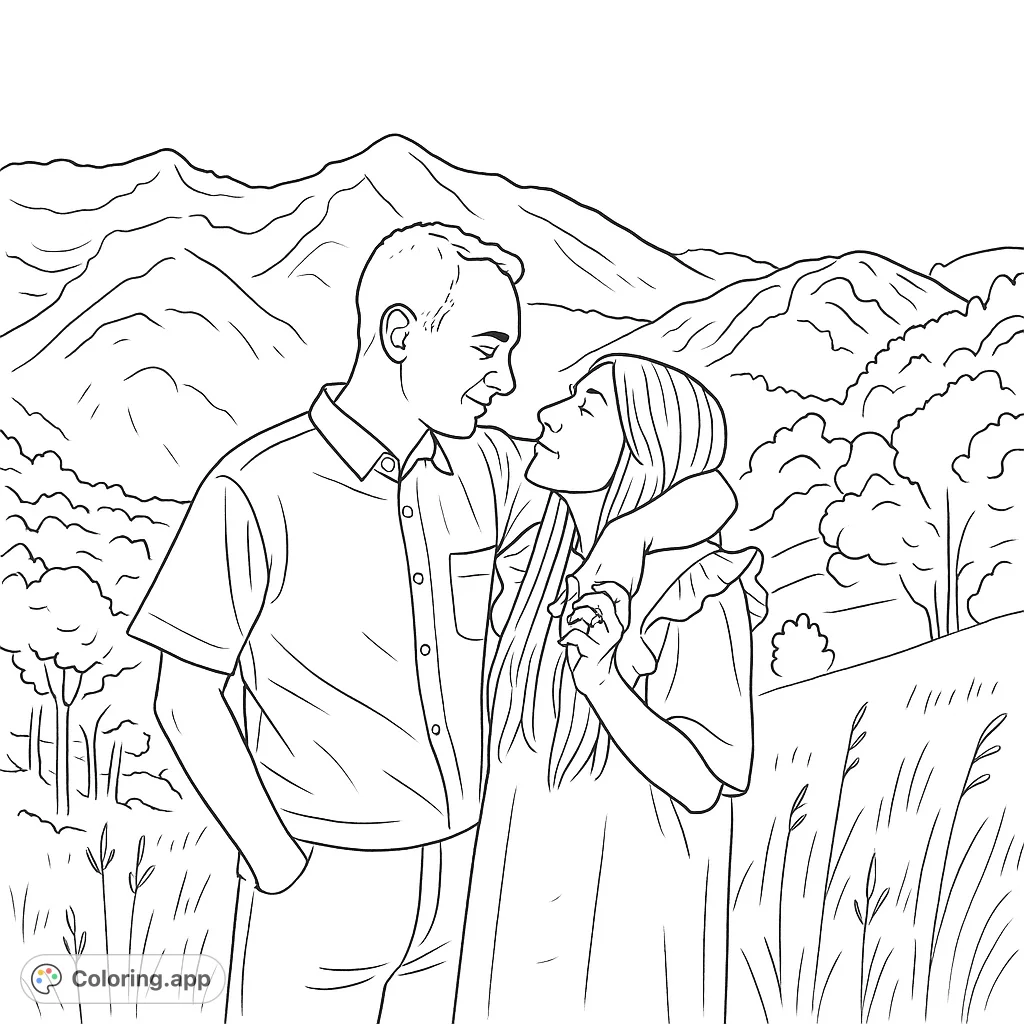 A loving couple embraces amidst a serene mountain landscape, perfect for capturing moments of connection and natural beauty. A romantic mountain coloring page.