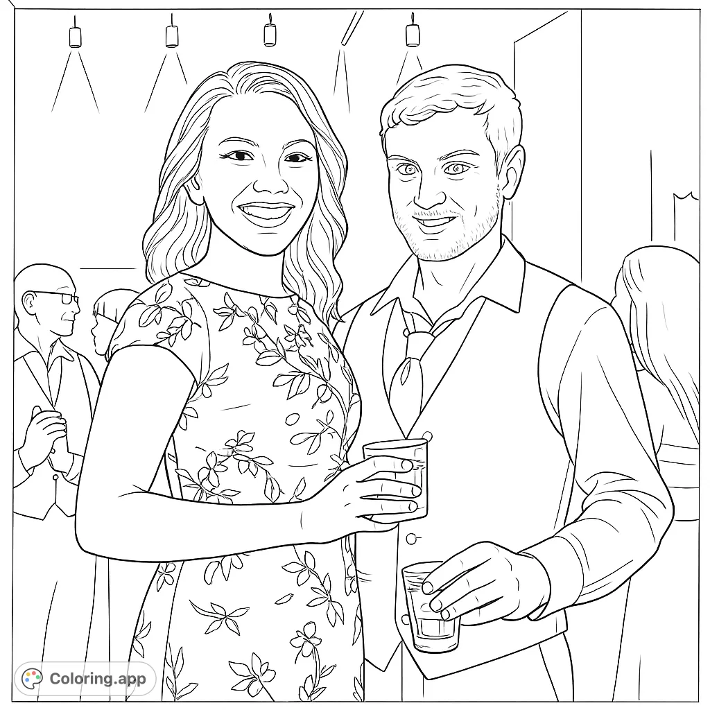 Capture a moment of joy with this social gathering coloring page featuring a smiling couple. Perfect for personalizing a memorable scene.