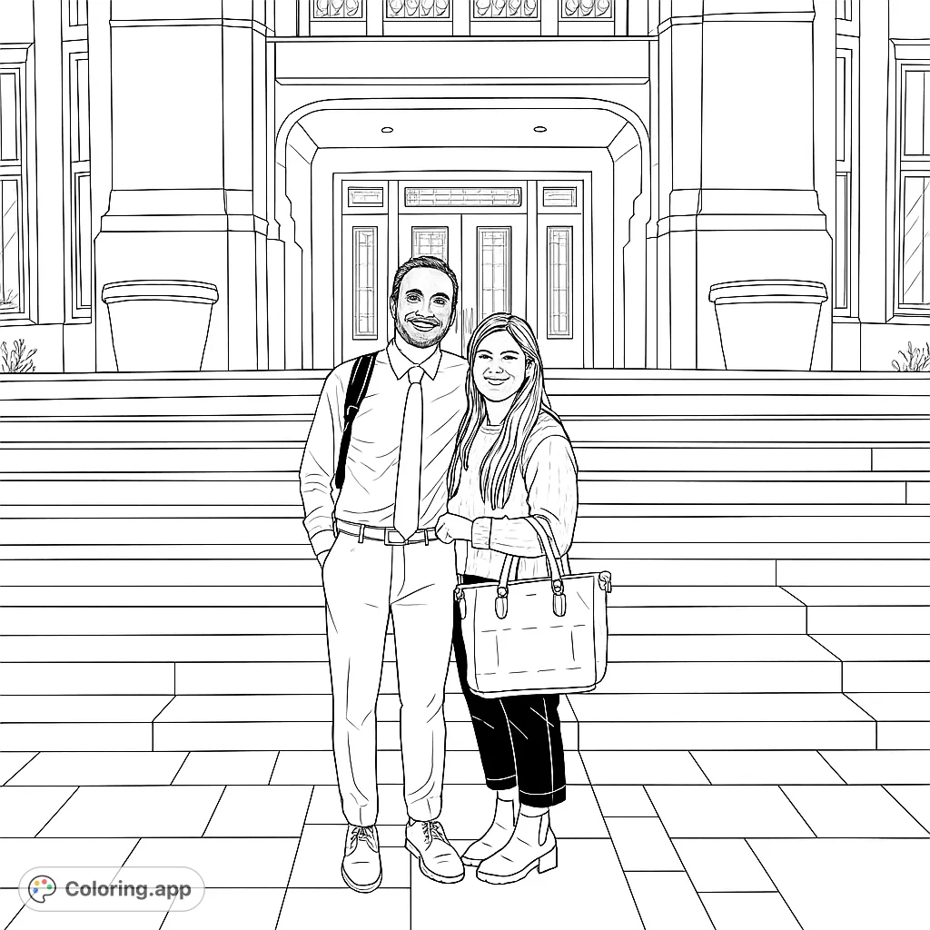 A smiling couple stands before a majestic building with grand steps and ornate architecture. Perfect for personalizing with your favorite hues.