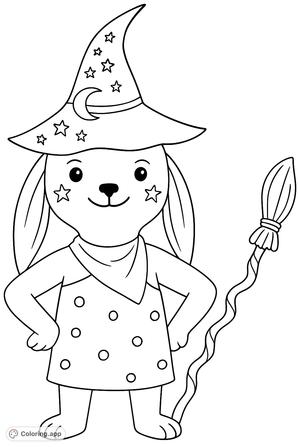 A charming rabbit character dressed as a witch, complete with a starry hat and a magical broom, ready for a whimsical adventure.
