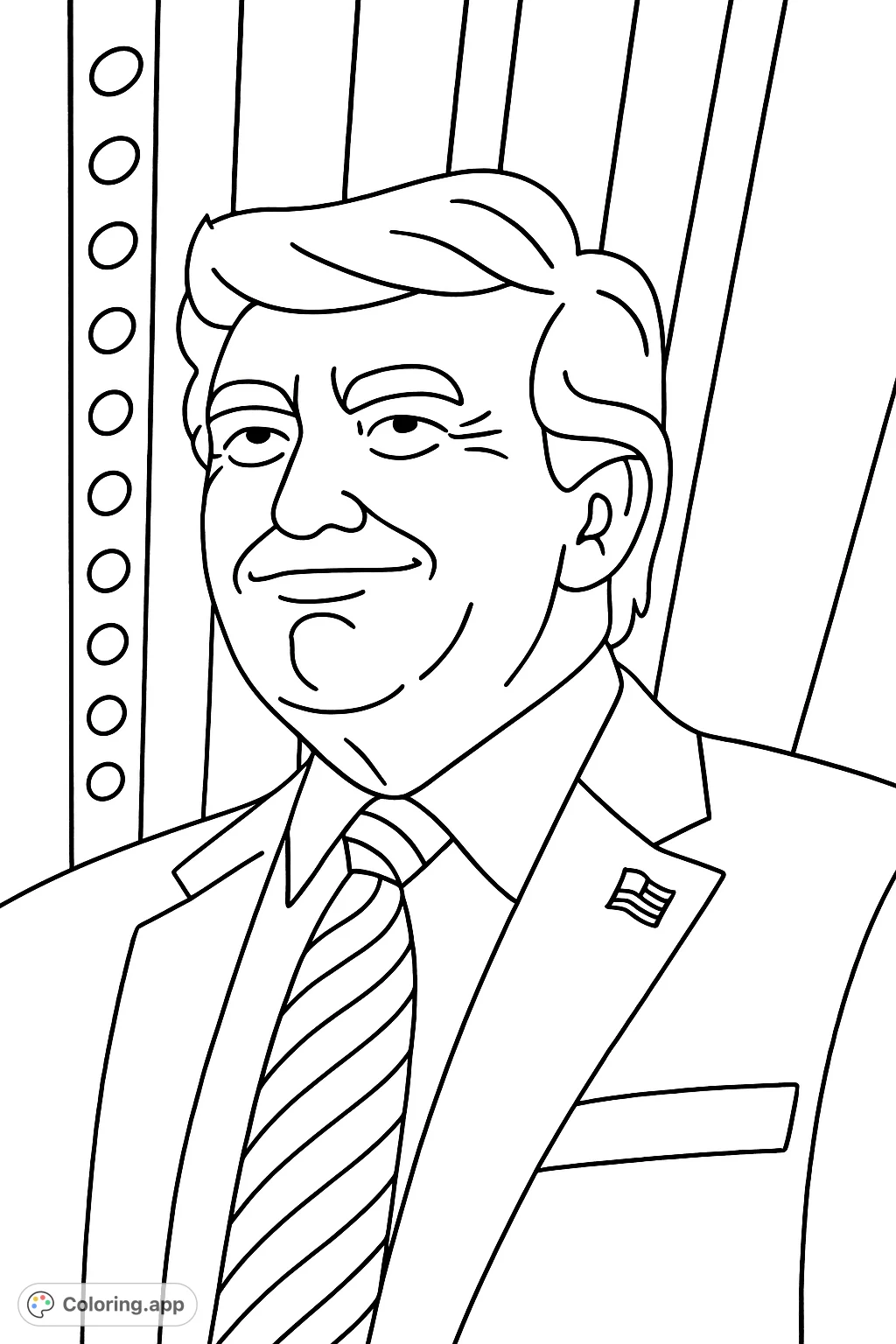 Color a distinguished political figure with a distinctive hairstyle, suit, and striped tie. Perfect for those interested in political themes.