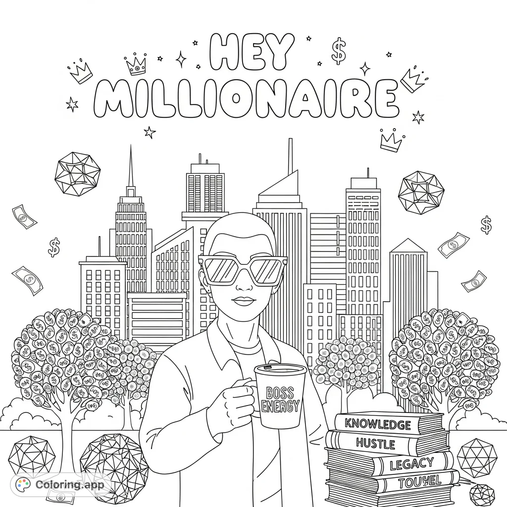 Color a luxurious city skyline with a confident character, money trees, and motivational phrases like "Boss Energy" and "Hey ...