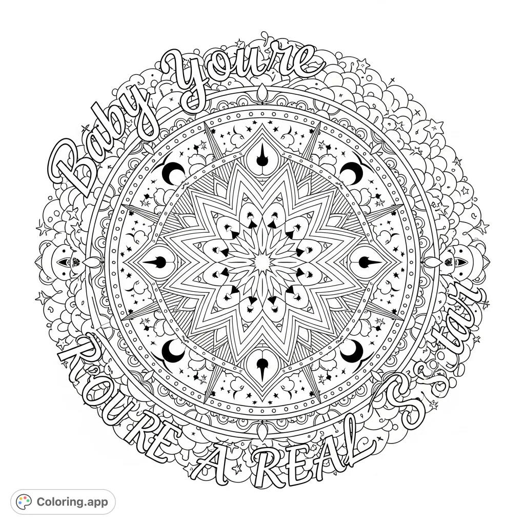 An intricate celestial mandala coloring page with layered starbursts, crescent moons, stars, and the phrase "Baby You're a Re...