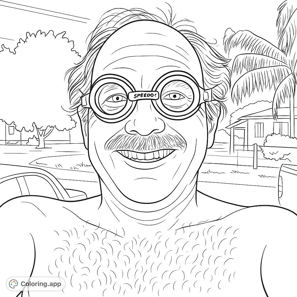 A cheerful man wearing swimming goggles and a mustache smiles broadly, set against an outdoor scene with trees and a cloudy sky.