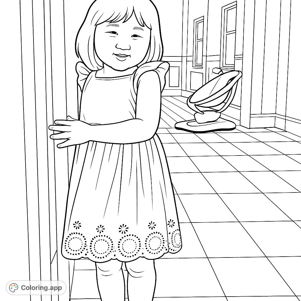 A charming coloring page featuring a sweet child in a detailed dress, peeking from a doorway into a sunlit room. Perfect for kids and adults!